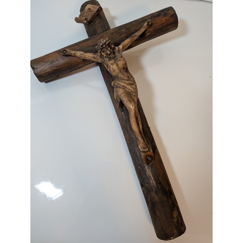 Vintage Rustic Wood Log Crucifix Wall Cross Hand Carved Style Religious Decor